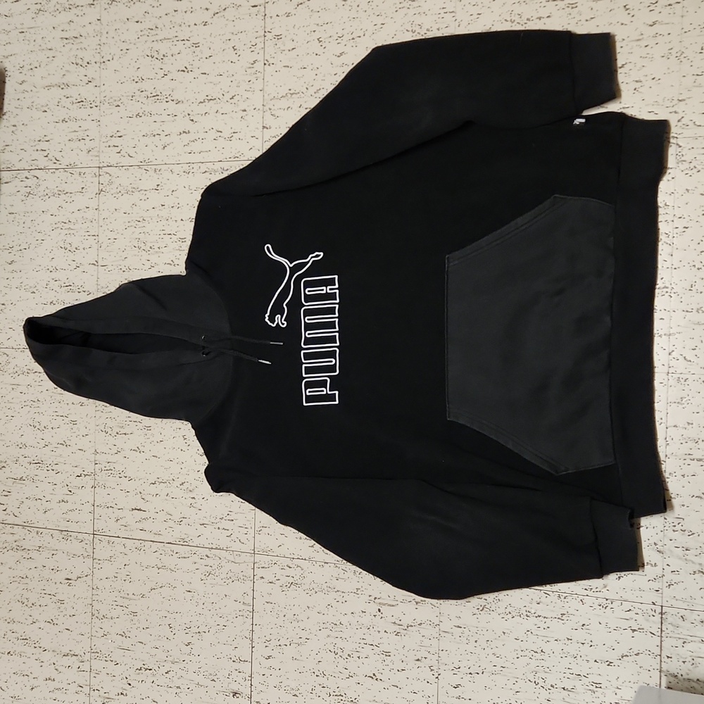 Puma Black & White Spellout Logo Pullover Fleece Hoodie Sweater